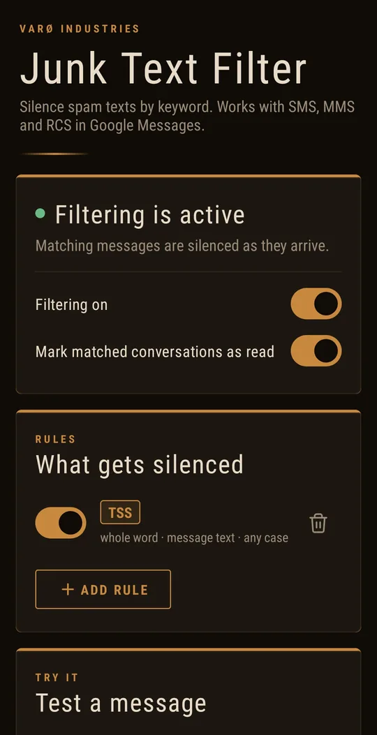 Junk Text Filter home screen showing Filtering is active and a TSS whole-word rule